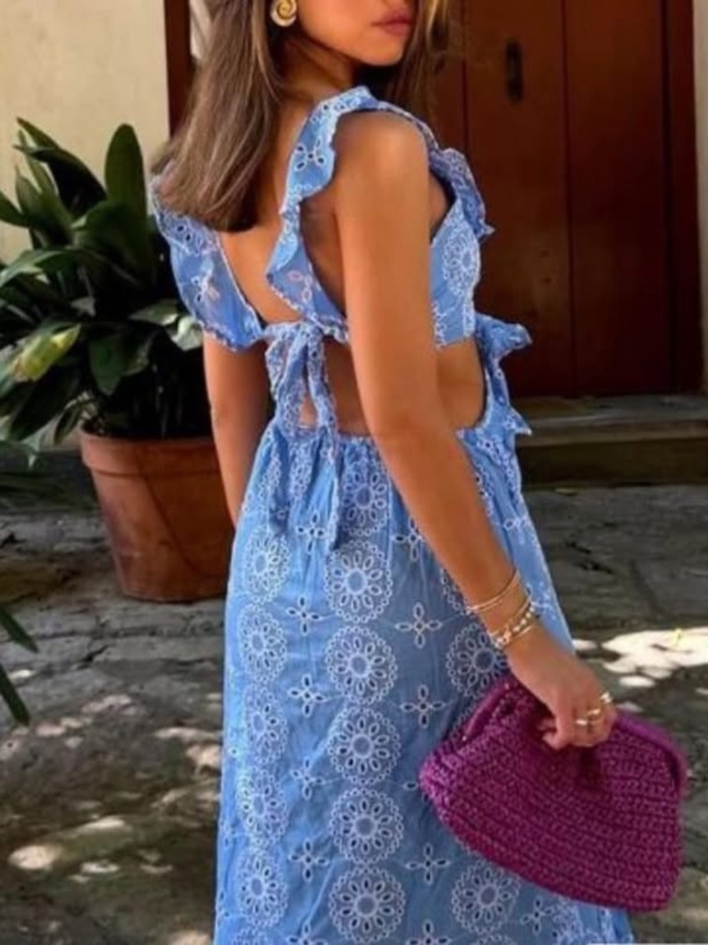 NWT Mango JULIET Openwork Detail Eyelet Ruffle Maxi Dress in Sky Blue - Picture 3 of 11